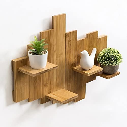 Prateleiras de parede flutuantes marrons naturais de bambu-design elegante retro para quartos e salas de estar, fácil
