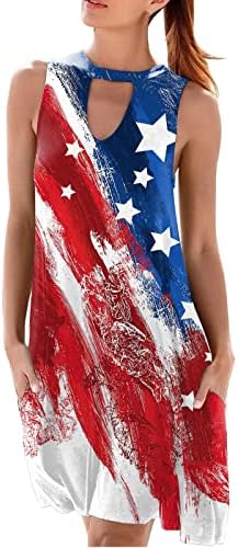 4 de julho Vestidos para mulheres Vestido de praia casual de verão EUA Flag de bandeira sem mangas o pescoço listras de fechadura de gravata