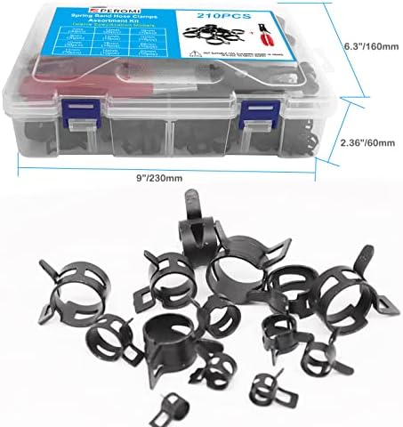 Peromi 210pcs 7-25mm Banda de primavera Grampos de mangueira com kit de sortimento de braçadeira de mangueira plana