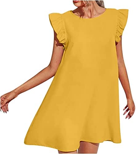 Vestidos de manga de boné de babados para feminino colchete de vestido de pescoço de verão vestido de túnica de verão sólido vestido