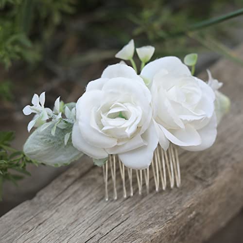 Fangsen Silver White White Rose Flor Flor Pente Combinete de noiva Acessórios de cabelo floral