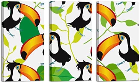 Arte da parede para sala de estar, tucan de pássaro exótico e folhas padrão emoldurado pintura a óleo decorativa Conjunto de arte moderna decorativa pronta para pendurar 20 x40