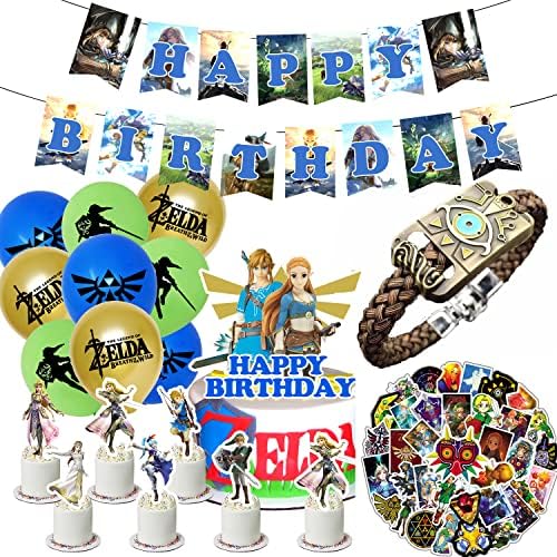 95pcs Zelda Party Supplies, Zelda Birthday Party Decorations inclui adesivo. Pulseira ， Feliz Aniversário Banner, Balões, Bolo e Topper de Cupcake para Festa de Aniversário Tema Zelda