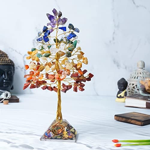 7 Chakra Tree of Life - Base de pirâmide orgona, árvore de cristal para energia positiva, árvore de pedra de decoração feng shui, atrair boa sorte - arame de bomte