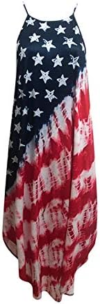 4 de julho Maxi Vestidos para mulheres de verão Casual Boho Dress EUA Flag Cami Scoop Scoop Stars Sundresses
