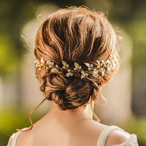 Unicra Cabelo de folhas de casamento Vinha de noiva Capacete de pérolas de cabeça Acessórios de cabelo de ouro para noivas e damas de honra