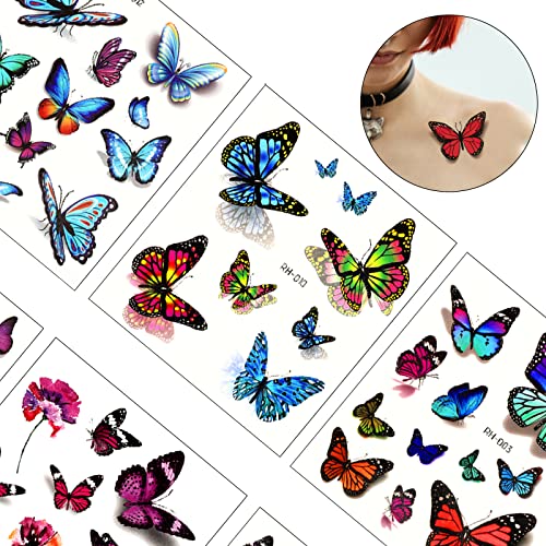Kinbom 12 folhas adesivos de tatuagem de borboleta, 3D colorido decalque de tatuagem temporária de borboleta para meninas