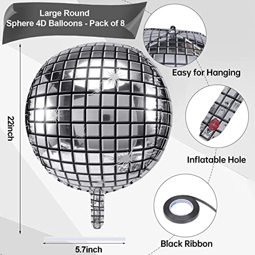 Balões de bola de discoteca de 8 PCs, balões de discoteca 4D de 22 polegadas, balões de papel alumínio de alumínio grandes, balão de espelho metálico auto-vedado para suprimentos de festa de dança de disco