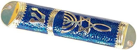Holyland Sulir de metal mezuzah case enxertou Menorah Star of David & Fish Messiânica Selo.Blue 4