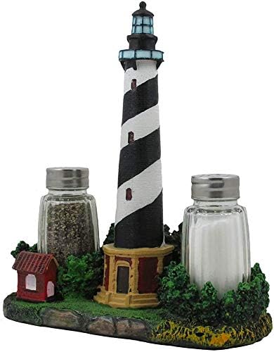CAPE NAUTICO HATTERAS FEARTHOUSE Salt e pimenta Shaker Feliz com suporte em esculturas decorativas de decoração de cozinha e presentes costeiros colecionáveis