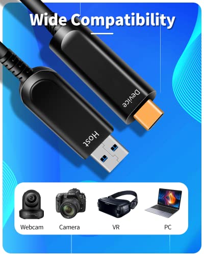 Fibra óptica USB A para USB C CABO, 10 Gbps de alta velocidade Tipo óptico C 3.1 Cord para webcams, câmeras, VR e muito mais