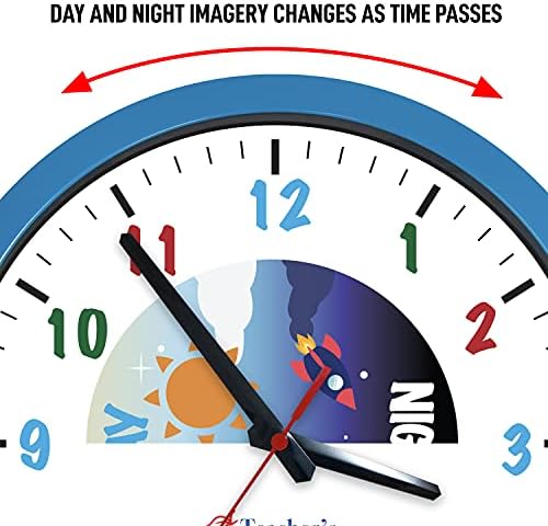 Escolha do professor Blue Educational Day and Night Metal Frame Relógio de parede | Operação silenciosa - tempo ensinando relógio perfeito para salas de aula e quartos infantis