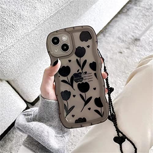 Fycyko Compatível para iPhone 13 Pro Case com simplicidade fofa Black Flowers Padrão Design Mulheres Caso de proteção para lentes