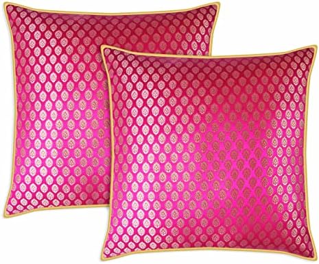 Capas de travesseiros de damasco de artesanato - pacote de 2 travesseiros decorativos de brocado de seda falsa - fúcsia / magenta 20x20 polegadas - capa de almofada indiana - apenas