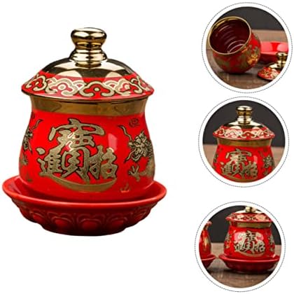 STOBAZA 2PCS Fengshui Contêiner de altar de altar vermelho Auspicioso Padrão de sacrifício Armazenamento Meditação Feng Templo de porcelana Lid Yoga Ancestral de água Cerâmica Budista Fu Lucky Home