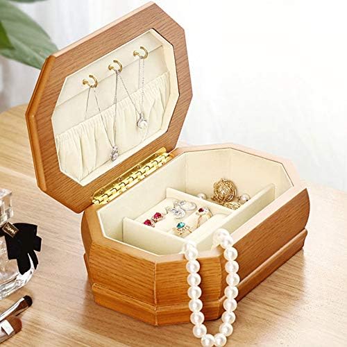 YQ WHJB Jóias de jóias de madeira maciça, capa de jóias portáteis para feminino e colar de colar de anel vintage Caso de armazenamento