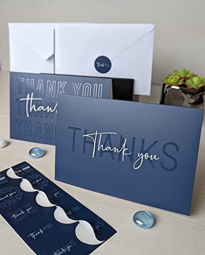 100 cartões de agradecimento com envelopes e adesivos - 5 desenhos azuis marinhos exclusivos Notas em branco em branco Impressão UV de luxo para negócios, formal e todas as ocasiões 4x6 polegadas em branco