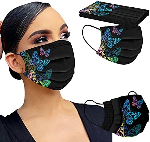 5 PCS máscaras faciais descartáveis ​​pretas para adultos, design de impressão de borboleta 3 rebocina externa protetora