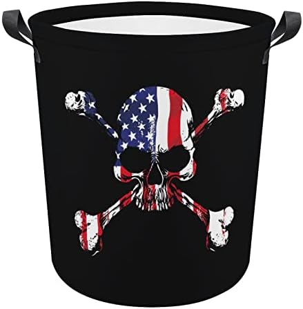 American Flag Skull Caull Collapsível Roupa de lavanderia cesto de lavanderia com alças para lavar o caixote de roupas sujas