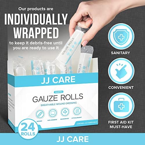 Pacote de gaze jj care de 24 anos, rolo de bandagem de gaze embrulhado individualmente, com fita médica bônus, 4 polegadas x 4,1
