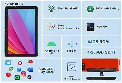 Jusyea 2023 Android 11 comprimidos 10,1 polegadas J5-W Tablets octa-core- 4 GB de RAM + 64 GB ROM Expandível 128 GB-8000mAh Bateria-2,4g