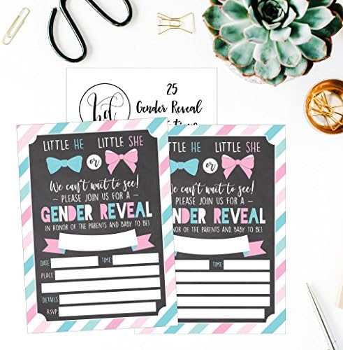 25 Cartões de convite para festa de chá de bebê Pink e Blue Revely, ele ou ela personalizou para o gênero neutro unissex convida adivinhar