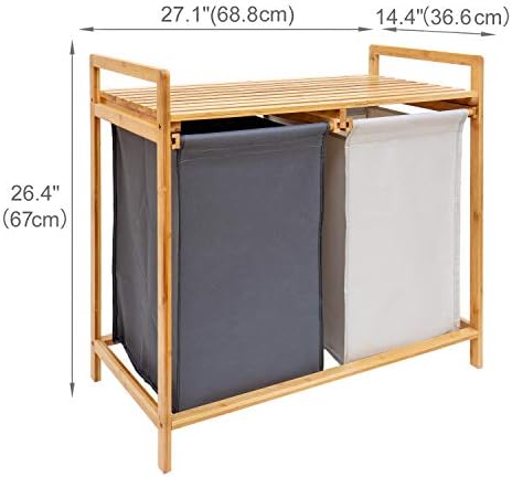 Lavanderia de bambu com, cesto de lavanderia de 2 seções com revestimento removível, organizador de lavanderia de compartimentos