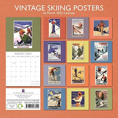 2023 calendário de parede quadrada, pôsteres de esqui vintage, tema de artes e antiguidades de 16 meses com 180 adesivos de