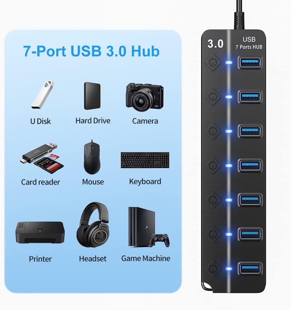 Miuhhur USB Hub 3.0, hubs USB de 7 portas Várias portas divisor de expansão, indicador de LED de interruptor individual liga/desliga,