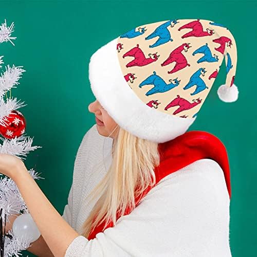Linda lhama fofo lhama engraçado chapéu de natal chapéu de santa chapinha de luxo curto com punhos brancos para suprimentos de decoração de festa de férias de natal