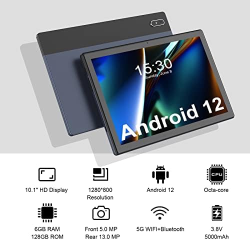 Awow Android 12 comprimidos de 10 polegadas PC, 6 GB de RAM, 128 GB, 2,0GHz 8 núcleo, 1280x800 IPS HD, câmera traseira de 13mp, 2,4g e 5g WiFi, BT, 5000mAh, alto -falantes estéreo duplos, GPS, Google Mobile Service