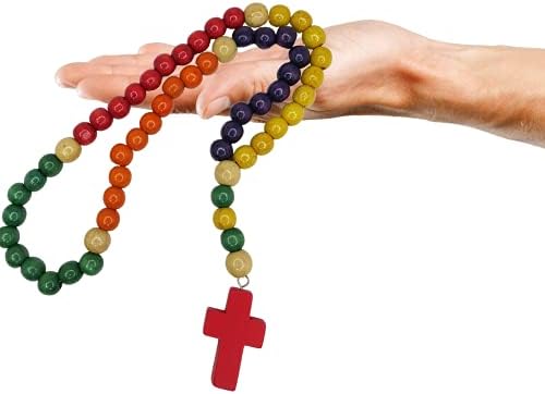 Grande Moldura Multicolor Wood Pray Rosário católico, colar para meninas e meninos, presentes cristãos religiosos, 18 polegadas