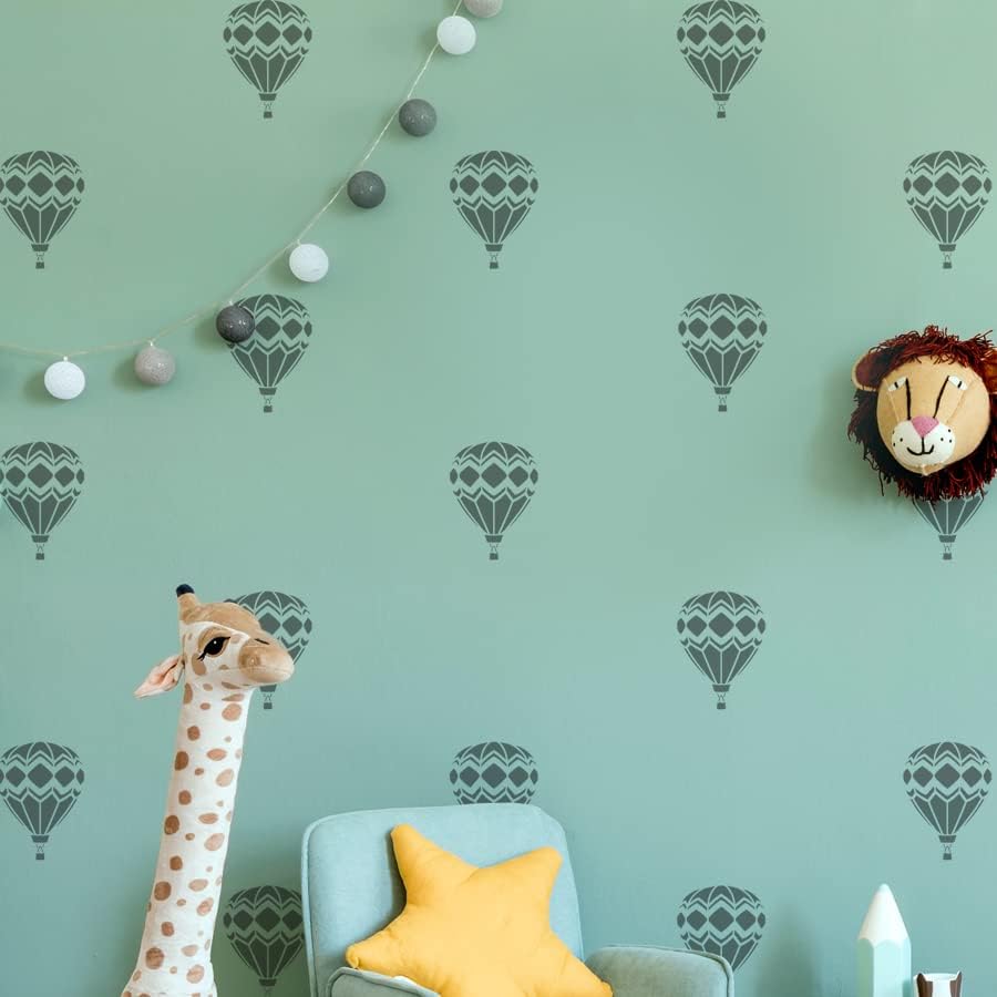 Estêncil de padrão de parede de balão de ar quente, estêncil de decoração da parede do berçário, estêncil de pintura grande, decoração