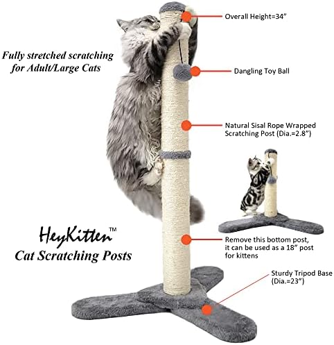 Postagem de arranhões de gatos altos e heykitted com base de tripé resistente, bola de brinquedo pendurada e corda de sisal natural