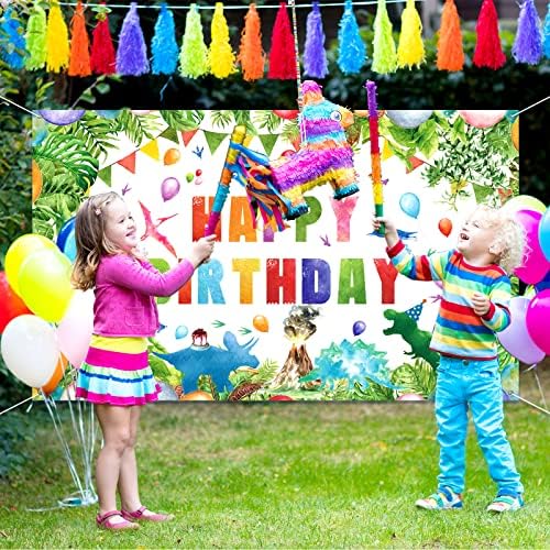 Cenário de dinossauros em aquarela, dinossauros decorações de festas de feliz aniversário, bandeira de parede extra