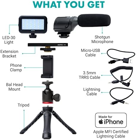 MOVO IVLOGGER + ANEL LIGHT - IPHONE/Lightning compatível com kit de vídeo VLOGGING KIT ACESSÓRIOS: Tripé de telefone, Montagem do telefone, luz LED e microfone de espingarda de celular e luz do anel LED VGC -30