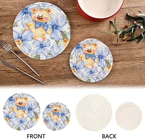 Flores azuis Teddy Bear Trivets para pratos quentes suportes de panela Conjunto de 2 peças almofadas quentes para algodão de