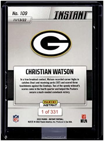 Christian Watson RC 2022 Panini Instant /331 Rookie 109 Packers 3 TD MT-MT+ NFL Football