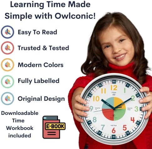 Owlconic contando tempo ensinando relógio para crianças relógio - relógio analógico para crianças quartos de reprodução decoração