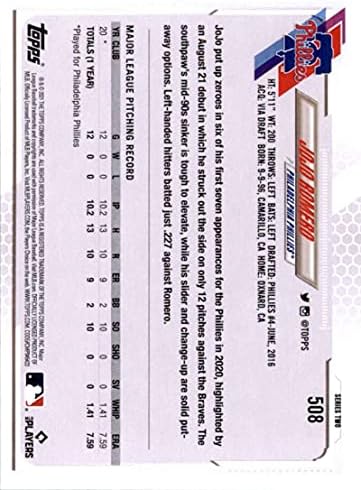 2021 TOPPS 508 JoJo Romero RC ROOKIE PHILADELPHIA PHILLIES Série 2 MLB Baseball Trading Card