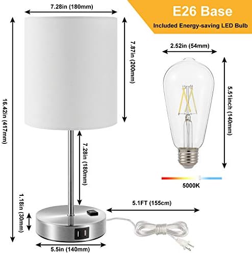 Lâmpada de mesa de controle de toque, lâmpada diminuída de 3 vias com 2 portas USB de carregamento rápido e saída de