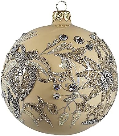 Ornamento de Natal de Silverado feito de vidro, 10 cm de bola, flores prateadas na bola de marfim