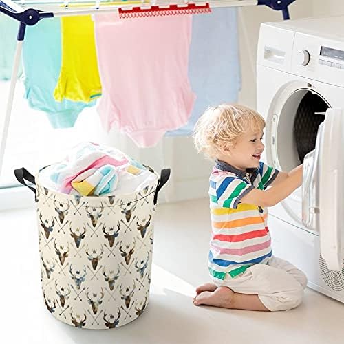 Cabeças de veado Padrão Sacos redondos de lavanderia cesta de armazenamento impermeável com alças e tampa de fechamento