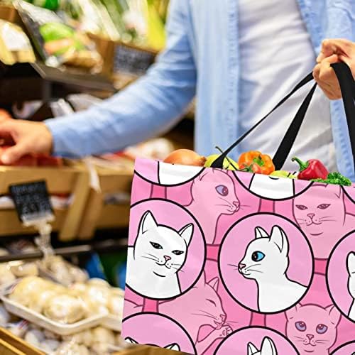 Cesta de compras reutilizáveis ​​gatos brancos rosa fofos portátil Picnic Grocics Grocery Grocery Baskety Shopping Shop