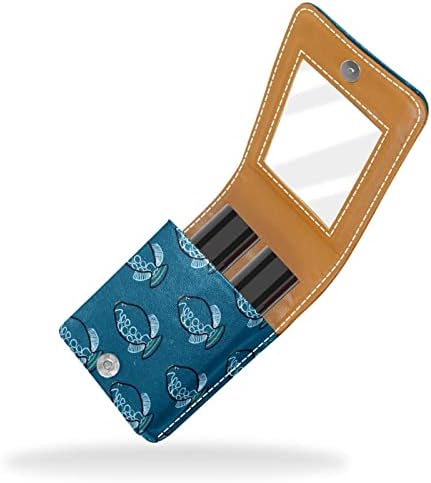 Bolsa de batom de batom de maquiagem de oryuekan com espelho portátil de armazenamento de batom portátil Organizador de armazenamento de brilho labial, desenho animado de peixe de animal de animal azul