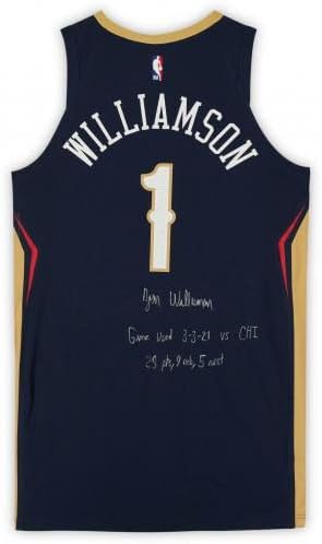 Zion Williamson New Orleans Pelicans autografou o jogo #1 Jersey da Marinha vs. Bulls de Chicago em 3 de março de 2021 - tamanho 52+6 com inscrições usadas para o jogo - camisas da NBA autografadas