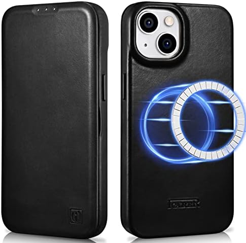 ICARER iPhone 14 Plus Case, estojo de couro genuíno com slot de cartão, capa de carteira de flip magnética compatível com