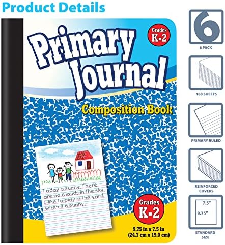 Primary Journal, capa dura, notebook do livro de composição primária-Notas K-2, 100 folhas, um assunto, 9,75 x 7,5, pacote