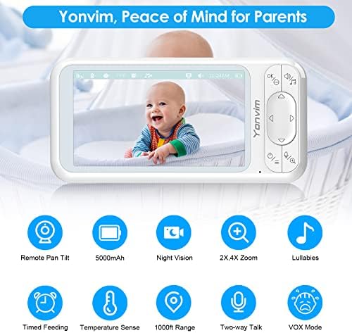 Yonvim Baby Monitor 1080p 5 HD, Video Baby Monitor com câmera e áudio, bateria de 5000mAh, 2 suportes, sem wifi necessário,