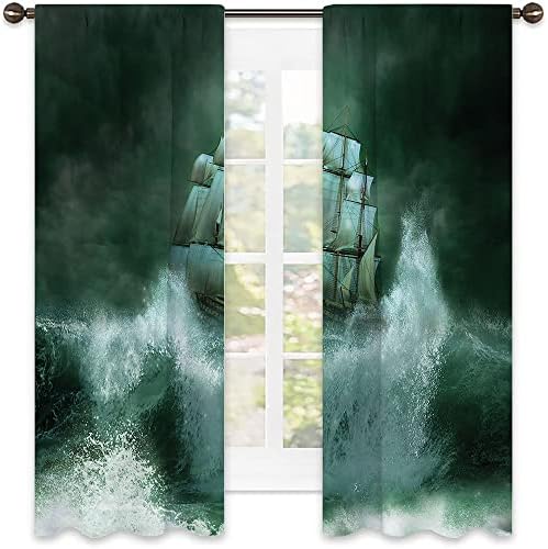 Pirata Ship Energy Economing e Cortina de Redução de Ruído, Navio antigo em Thunderstorm Digital Artwork Fantasy Adventure, para sala de estar ou quarto, W42 x L63 polegadas verde escuro